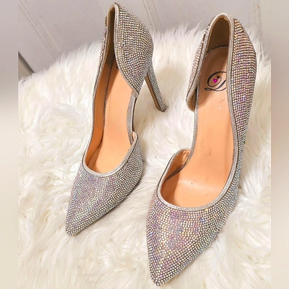 Gianna Shimmer Silver Rhinestone Sequined Stiletos Shoe  7🌴